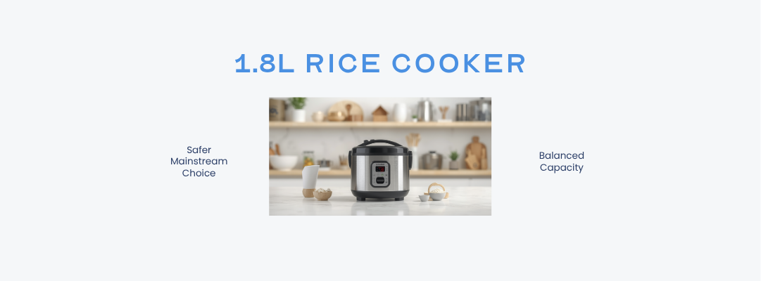 1.8L Rice Cooker Popularity A 1.8L deluxe rice cooker on a kitchen counter