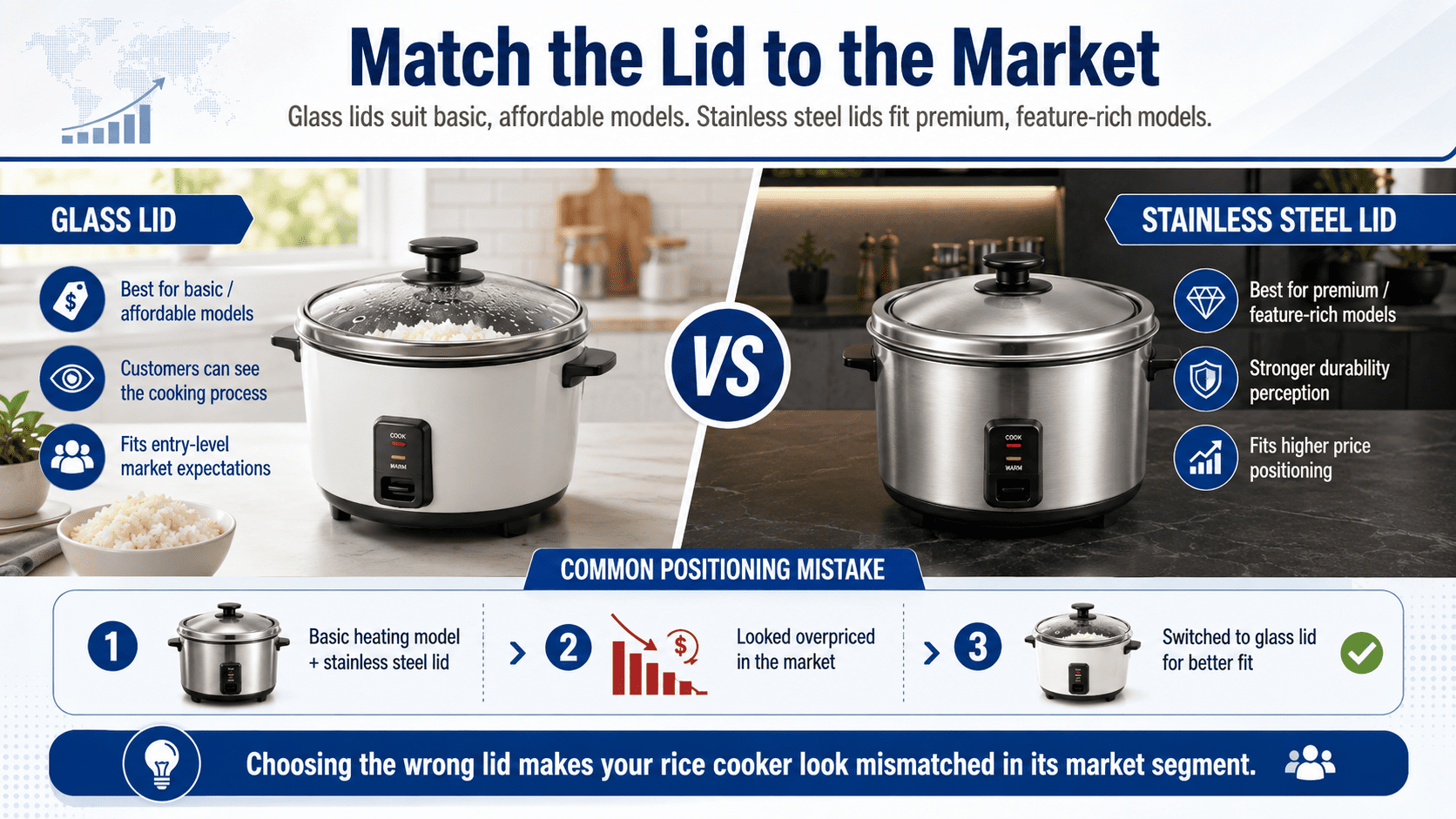 Rice cooker with glass and stainless steel lid options