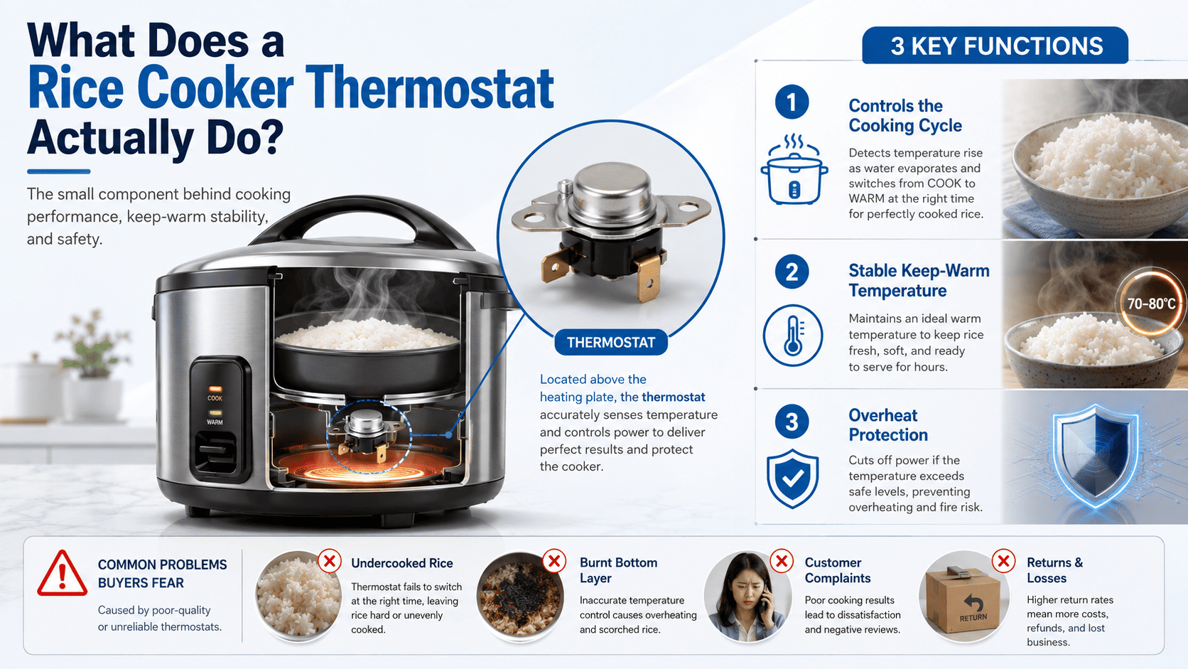 Functions of a Rice Cooker Thermostat an infographic showing the three functions of a rice cooker thermostat