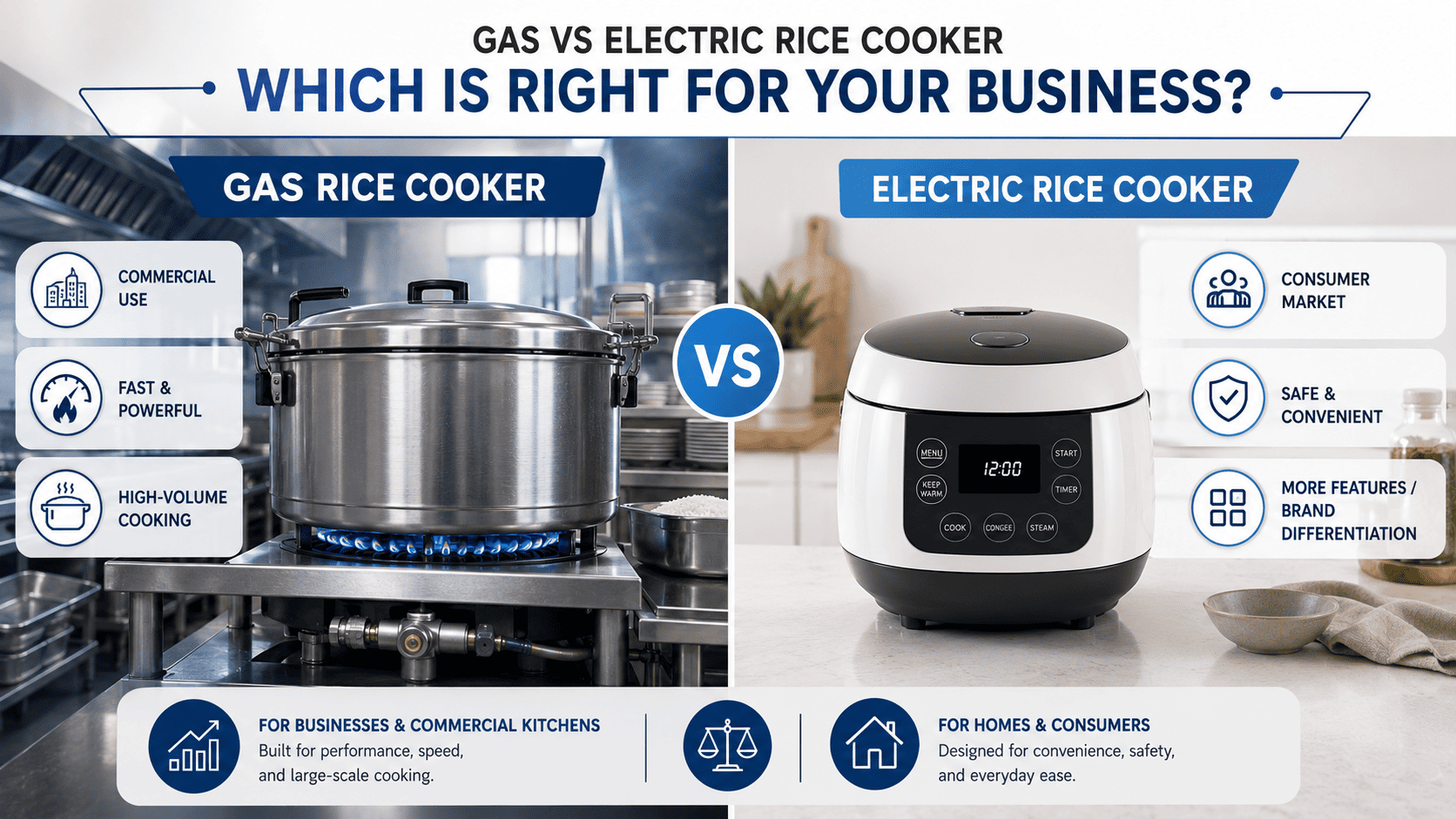 Gas vs Electric Rice Cooker Business Decision A side-by-side comparison of a commercial gas rice cooker and a sleek electric rice cooker