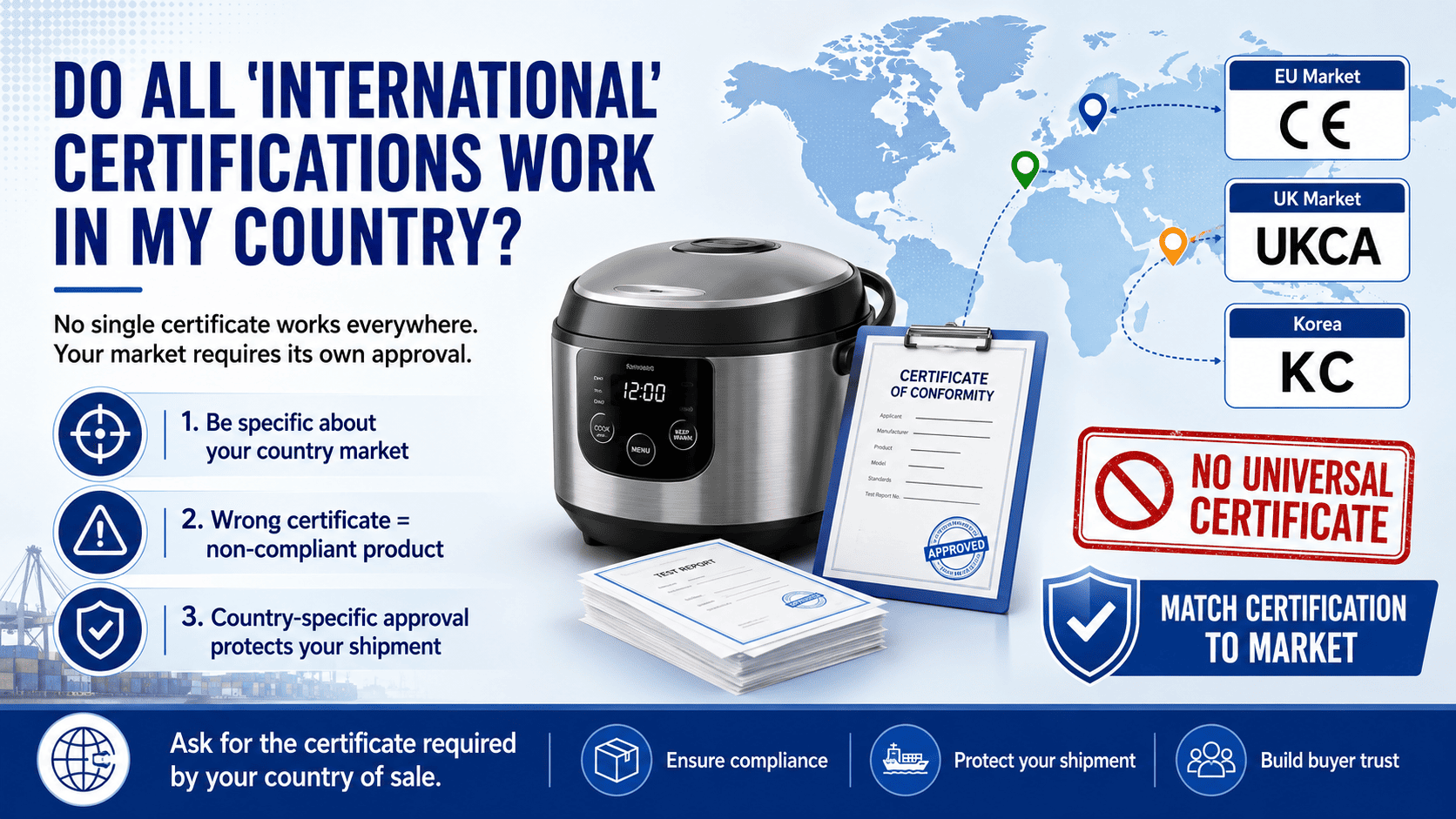 Market-Specific Product Certifications A map of the world with different certification logos placed on different countries or regions