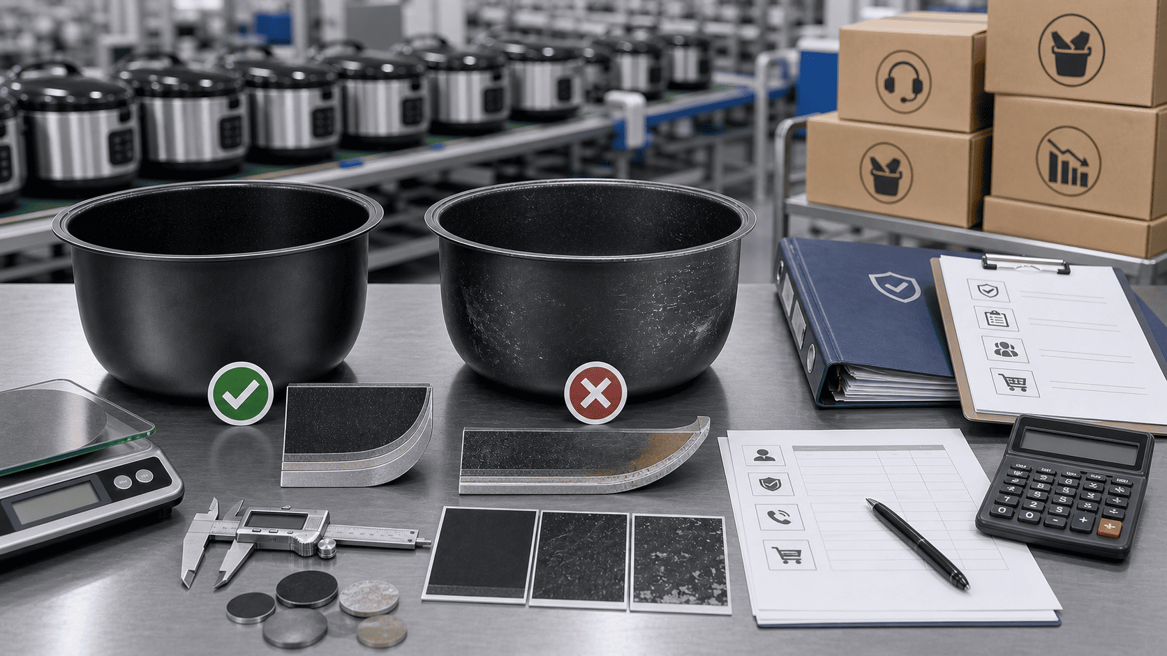A person comparing a sample pot to a production pot with calipers