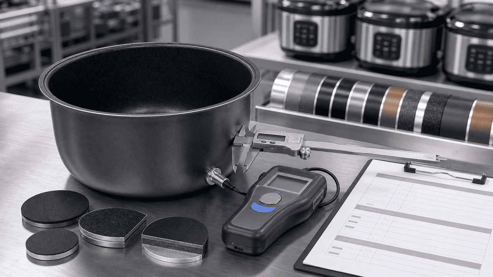 A close-up of a non-stick inner pot for a rice cooker