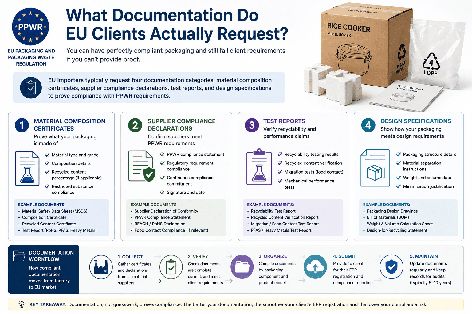 organized folders of certificates and test reports documentation package for PPWR compliance verification