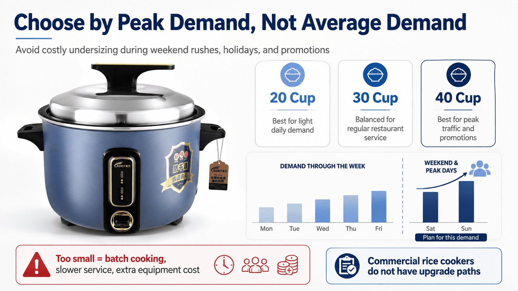 commercial rice cooker capacity comparison showing 20 30 and 40 cup models in restaurant kitchen