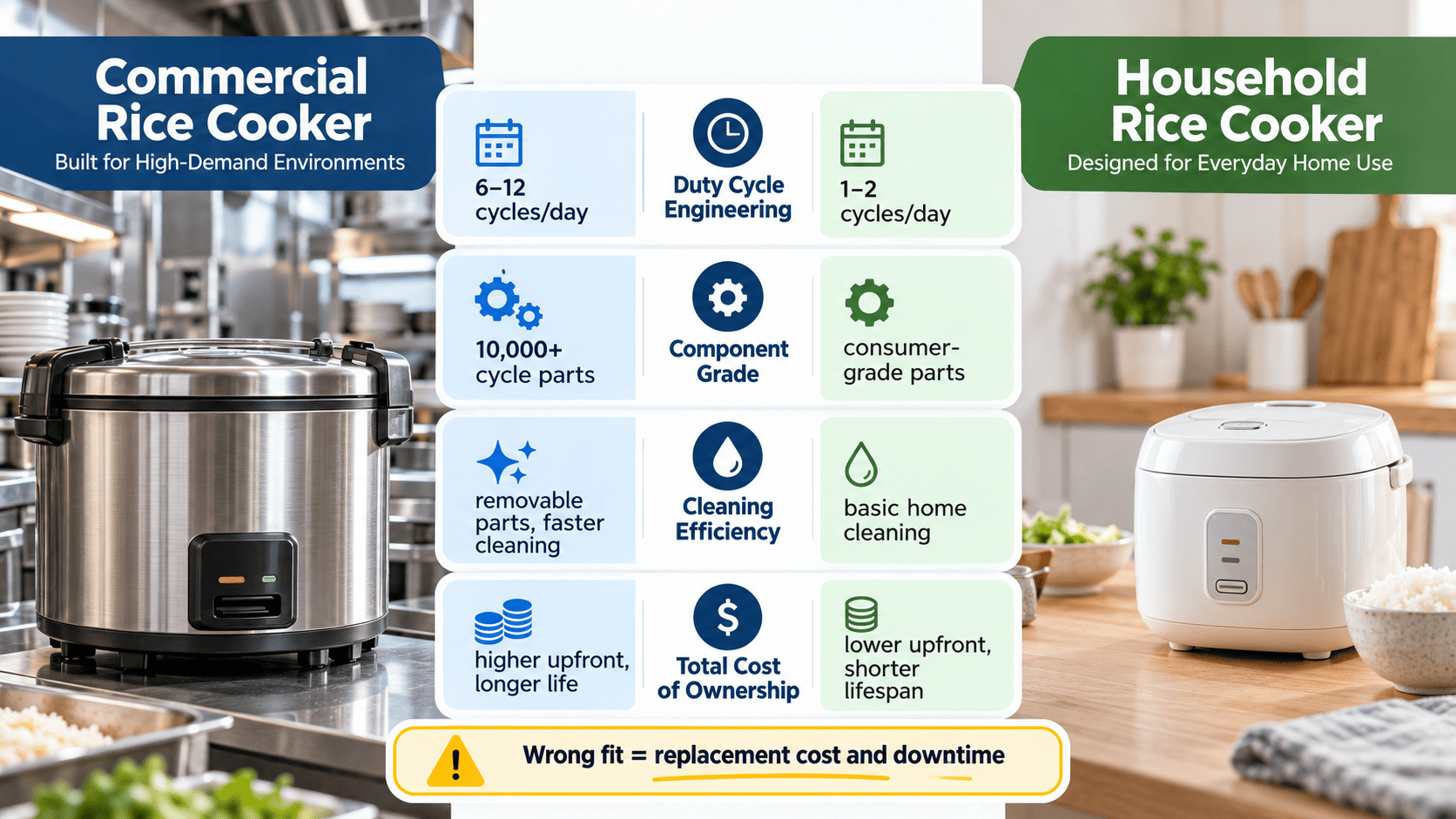 commercial rice cooker vs household rice cooker comparison in restaurant kitchen