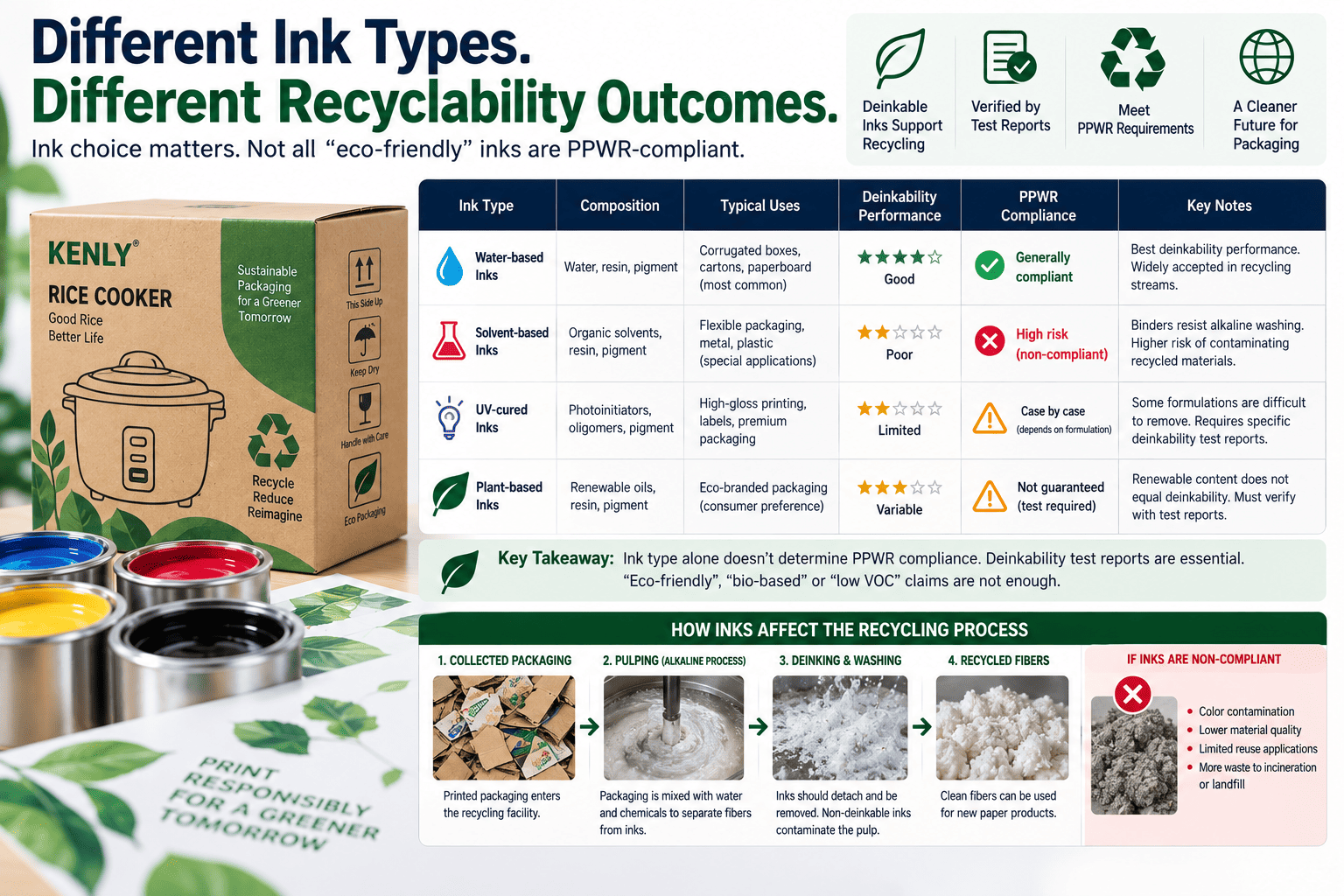 Water-based versus solvent inks PPWR compliance Comparison of printing ink types for packaging recyclability