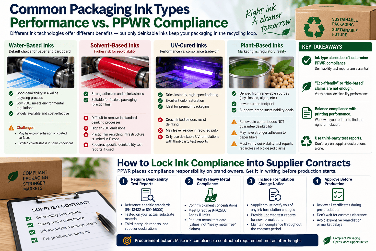 Procurement contract requirements for PPWR compliant inks Packaging supply chain ink compliance verification process